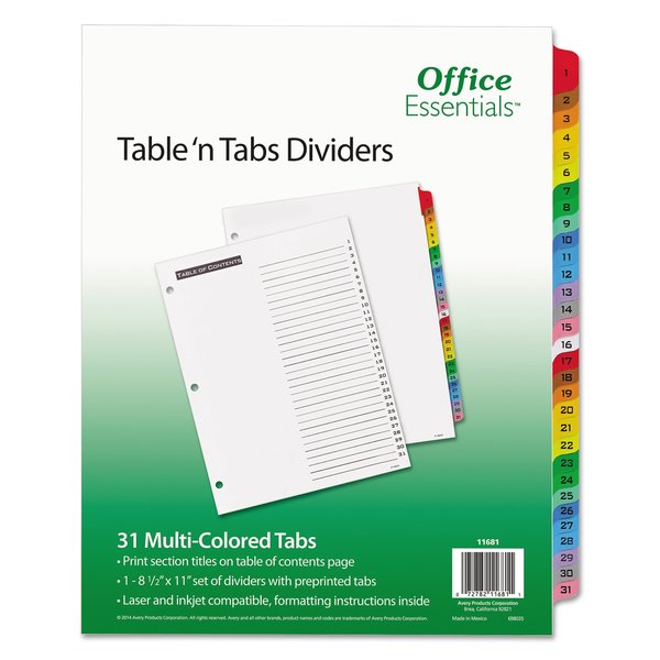 Office Essentials Index System, 1-31 Tab/Index, Assorted Colors 11681